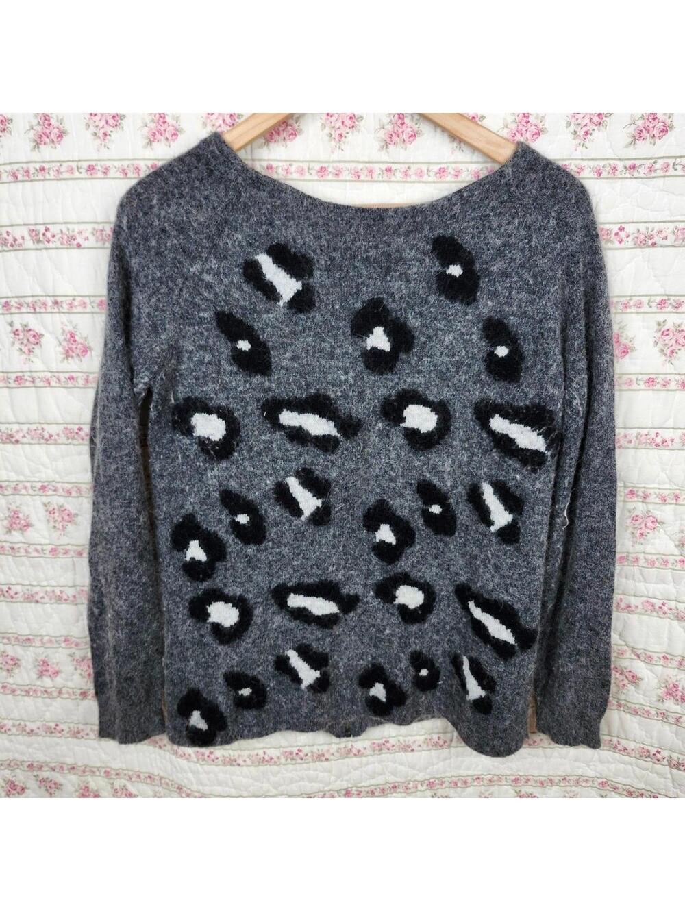 Ella Moss Women's Gray Angora Wool Sweater with Black and White Leopard Print